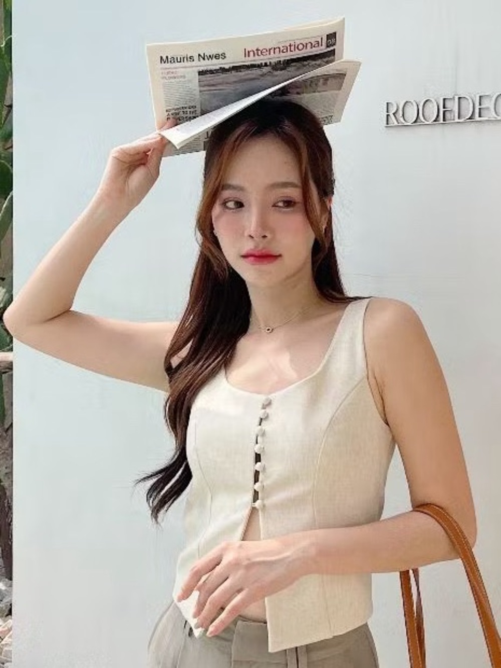 Riley - Thai brand Cream Sleeveless Button-Front Top size S